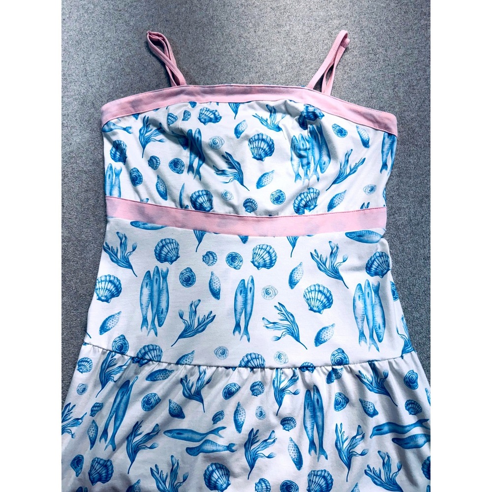 Abby & Evie Maxi Dress Womens L Blue White Seashell Fish Coastal Tiered Flowy